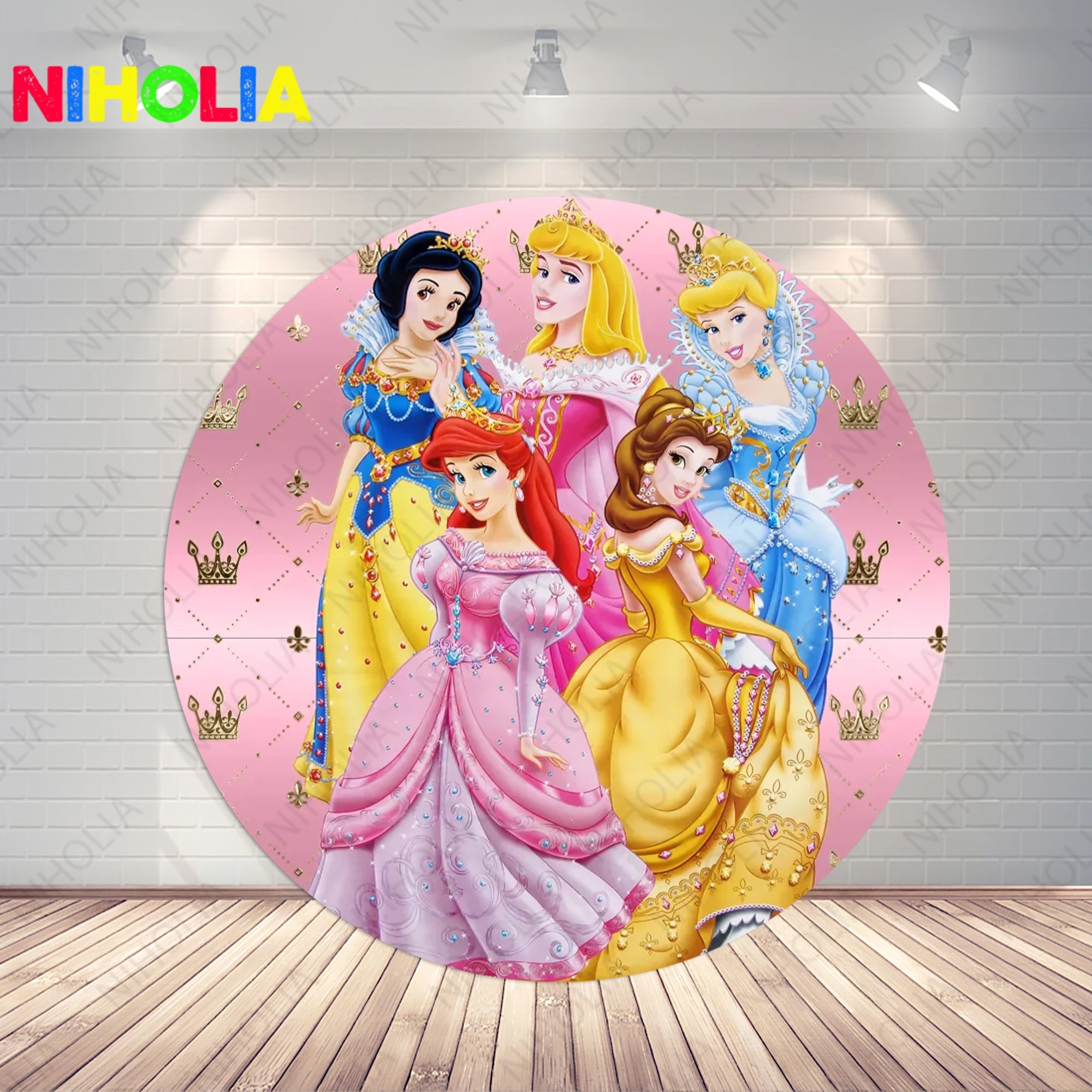 Круглый фон с пятью принцессами Диснея, корона для девочек, День рождения, Розовый фон для фотосъемки, крышка для торта, реквизит для стенда