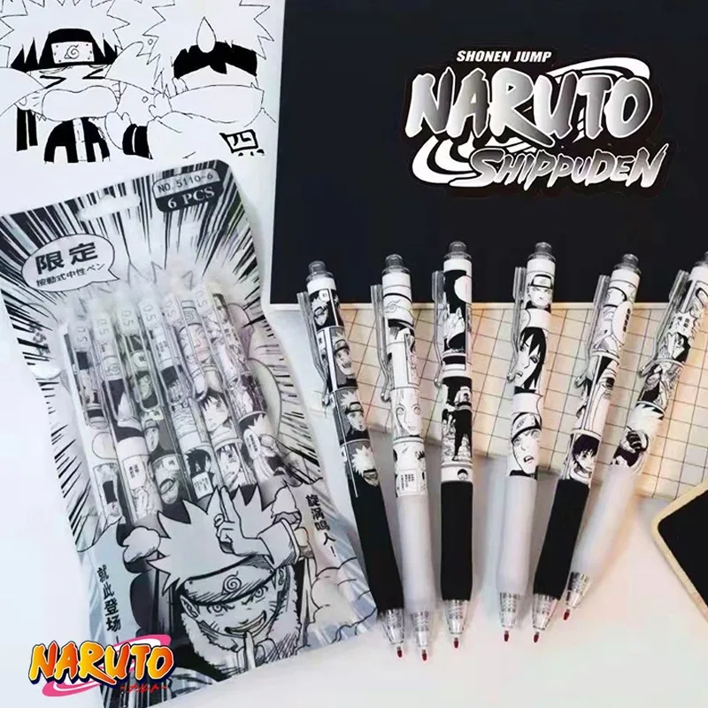 6шт Гелевая ручка Naruto Шариковая ручка Аниме ограниченной серии Манга для студентов Офисные Канцелярские принадлежности 0,5 мм Черная ручка Подарки для детей