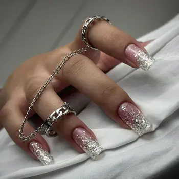 24шт Квадратных накладных ногтей French Aurora Butterfly Glitter, Накладные ногти с полным покрытием, Нажимаемые на ногти, Кончики ногтей, Инструмент для маникюра