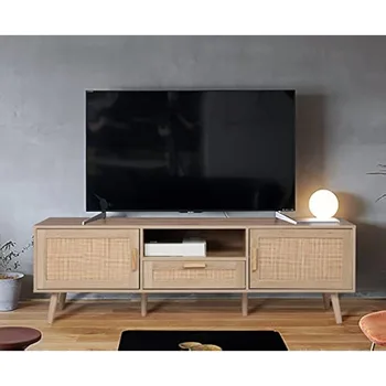 Finnhomy 59-дюймовая Подставка для телевизора с диагональю до 65 дюймов, Телевизионная консоль с 2 Дверцами, Украшенными ротангом Ручной работы, Развлечения в гостиной