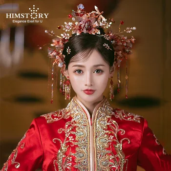 HIMSTORY Винтажная свадебная корона, украшения для волос, свадебный головной убор, золотисто-красный цветок, бабочка, головной убор Hanfu для женщин
