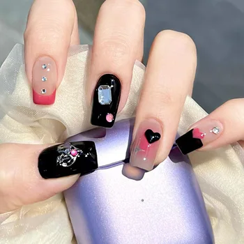 y2k Nails Черный Розовый Цвет Накладные Ногти с Сердечком Горный Хрусталь Дизайн Искусственные Ногти Советы для Девушки Сладкий Прохладный Стиль Накладные Ногти