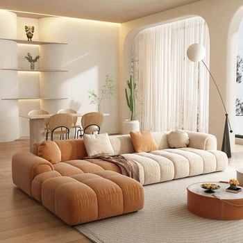 Гостиная с диваном, легкая роскошь, современная небольшая квартира, прямой ряд, сверхглубокий диван-блок из тофу