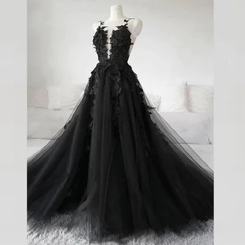 Готическое Черное Длинное Свадебное платье 2022 Года, Свадебное платье трапециевидной формы, Кружевное Свадебное платье с Аппликациями, Vestidos de Novia Lakshmigown