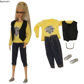 Желтая модная кукольная одежда для Барби, комплект одежды для Барби, футболка, жилет, укороченные брюки, Обувь, очки, аксессуары для кукол 1/6.
