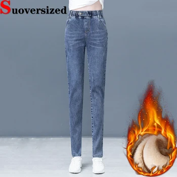 Женские джинсы-карандаш с плюшевой подкладкой, оверсайз 4xl, с эластичной резинкой на талии, Vaqueros, Зимние утепленные тонкие панталоны, Теплые узкие ковбойские брюки
