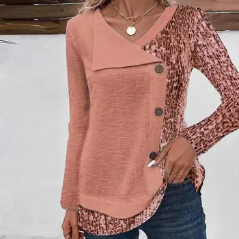 Женский топ с V-образным вырезом, мягкая рубашка с длинными рукавами, асимметричная блузка в стиле пэчворк с блестками, осень-весна, женский пуловер с длинными рукавами на пуговицах