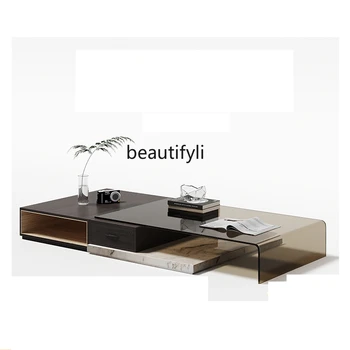 Журнальный столик из натурального мрамора, сочетание стекла и массива дерева, итальянский минимализм, Легкая роскошь, выдвижной