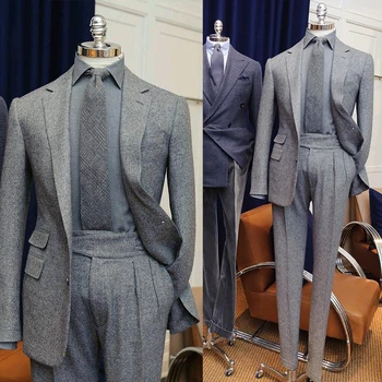 Костюм Homme Зимние мужские шерстяные костюмы, 2 предмета, длинный пиджак с отворотом, костюмы повседневного покроя, пальто для официальных деловых встреч на каждый день