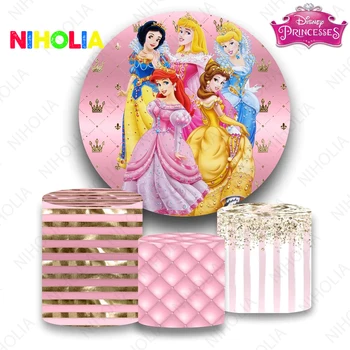 Круглый фон с пятью принцессами Диснея, корона для девочек, День рождения, Розовый фон для фотосъемки, крышка для торта, реквизит для стенда