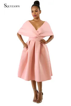 Летнее платье Женское 2020 с открытыми плечами и V-образным вырезом, винтажное платье с большими размахами, женское элегантное ретро-платье для вечеринок, офисные платья Миди размера плюс