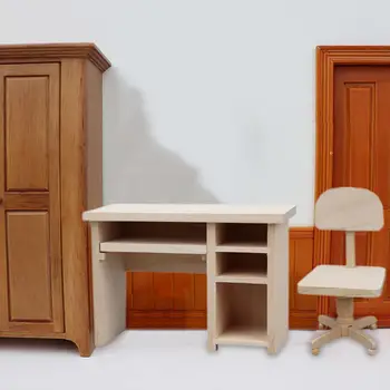 Миниатюрный офисный стол и стул в кукольном домике 1:12, имитация мебели для кукольного домика, компьютерный стол и стул ручной работы, сцена 