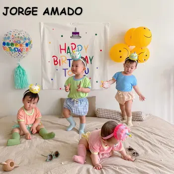 Новые летние комплекты для маленьких девочек и мальчиков С короткими рукавами и круглым воротником, розовая оранжевая Зеленая Синяя футболка + шорты в клетку из полипропилена, Одежда для новорожденных E90022