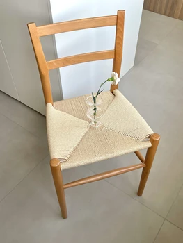 Обеденный стул из массива дерева, сплетенный из ротанга в кремовом стиле, простой стул в бесшумном стиле, стул из массива дерева