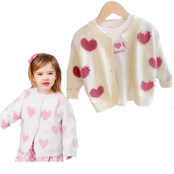 Одежда для маленьких девочек на День Святого Валентина, свитер, кардиган, весеннее пальто жаккардовой вязки, кардиган с длинными рукавами для маленькой девочки