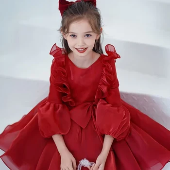 Платье принцессы для девочек 0-12 лет, Модное платье для девочек на день рождения, Рождественскую вечеринку, пышное вечернее платье с длинными рукавами