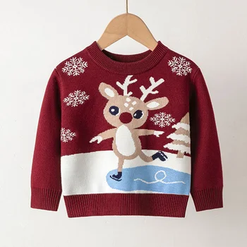 Рождественские Новые свитера для мальчиков и девочек, вязаный пуловер с мультяшным оленем, теплые свитера, Детская одежда, осень-зима, Детская рождественская одежда