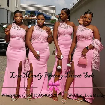 Розовые Африканские платья подружек невесты с разрезом сбоку, Кружевное платье подружки невесты на одно плечо, Вечерние Платья для гостей на свадьбу Русалки