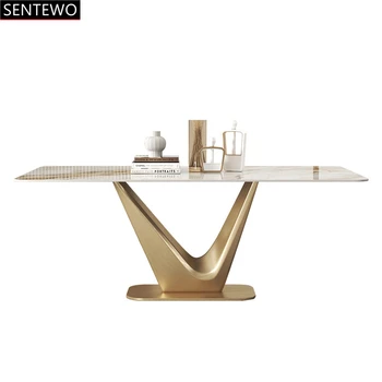 Роскошный обеденный стол из каменной плиты, набор из 6 стульев, золотая ножка из нержавеющей стали, стол из искусственного мрамора, кухонная мебель basse luxe chaise