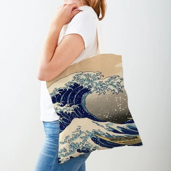 Сумки для покупок в японском ландшафтном стиле, дорожная сумка-тоут, женская сумочка с обеих сторон, красивые пейзажи, повседневная холщовая женская сумка для покупок