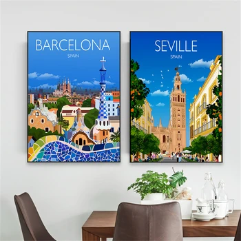 Туристический плакат Барселоны Севильи Туристический плакат Испании Городской пейзаж Красочные Принты Акварель Минимальные Принты Живопись на холсте